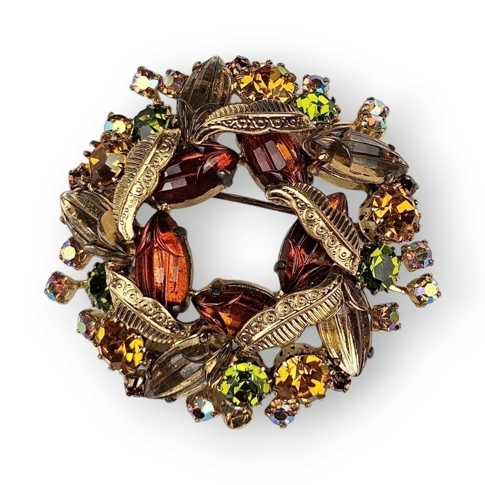 West Germany Rhinestone Wreath Brooch Multicolor Floral Molded Leaf Vtg 2 1/8"